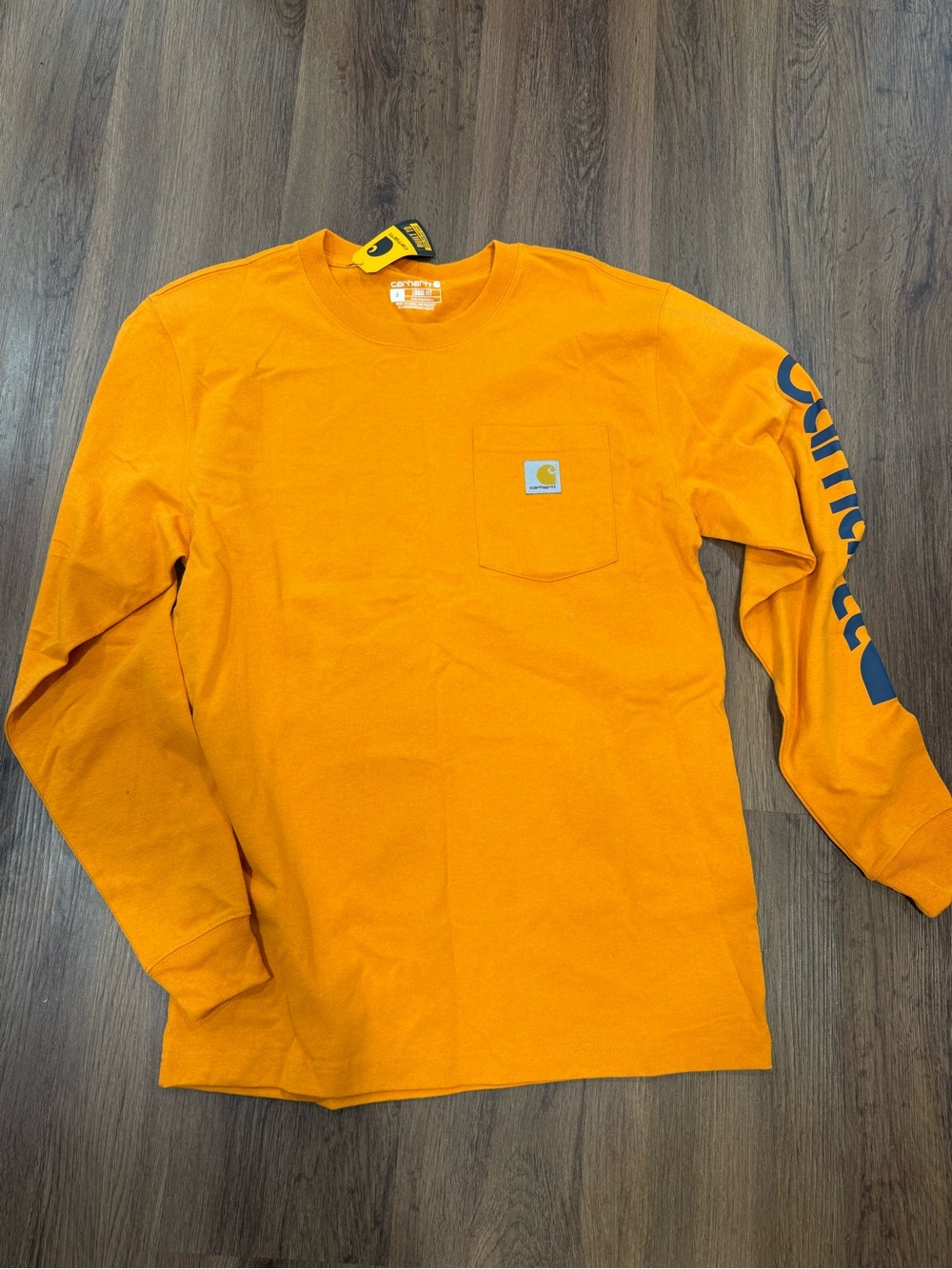 Carhartt Men’s Long-Sleeve Pocket Tee — High-Visibility Orange with Navy Logo